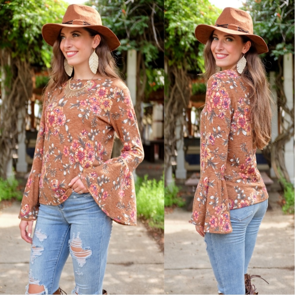 LAST ONE! Soft Fall Floral Print Bell Sleeve Tunic - Picture 2 of 3